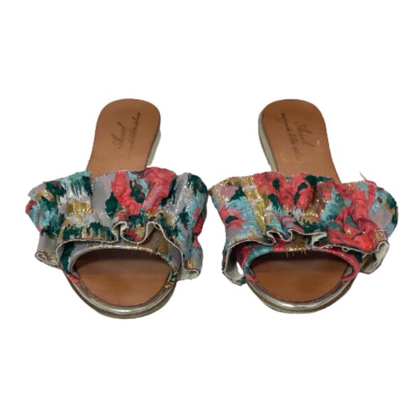 Anniel Tuckernuck Ruffle Flat Slide Sandals Size 37 /7 US Metallic Floral Flirty - Picture 1 of 10